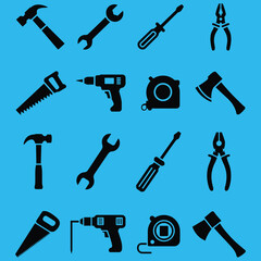 Set of Black Silhouette Hand Tools on a Blue Background Illustrating Construction and Repair Work