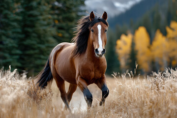Obraz premium Bay horse running through tall grass in autumn field