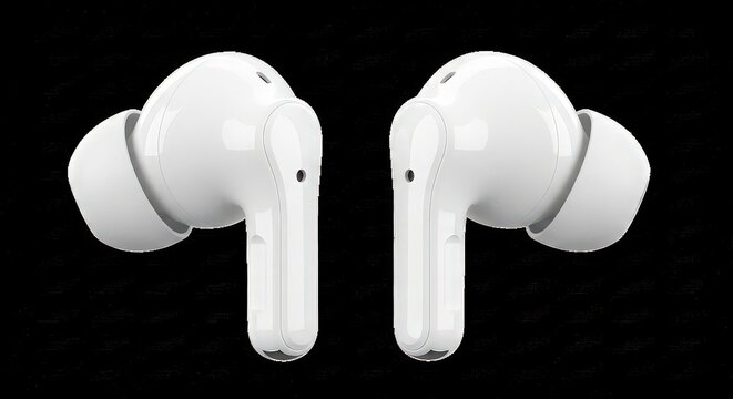 Closeup of white wireless earbuds showcasing sleek design and ergonomic shape, ideal for music lovers and tech enthusiasts seeking highquality audio experience