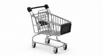 A miniature shopping cart isolated on white background, a playful representation of consumerism, retail therapy, and the convenience of modern shopping experiences