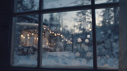 Naklejka premium window view with snowflakes and glowing christmas lights inside room 
