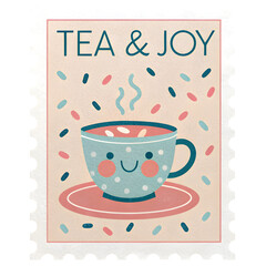 Retro birthday postage stamp features a cheerful teacup celebrating joy and tea for a joyful occasion
