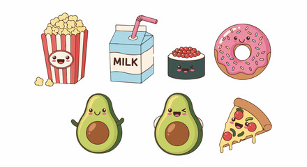 Cute Kawaii Food Icons Vector Set – Popcorn, Milk, Donut & Sushi