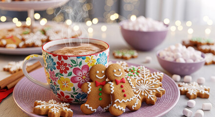 Hot chocolate with gingerbread man and christmas cookies on plate with marshmallows