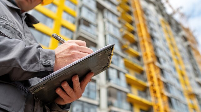A construction worker in a hard hat and safety vest, standing in front of a high-rise building under construction. - Powered by Adobe