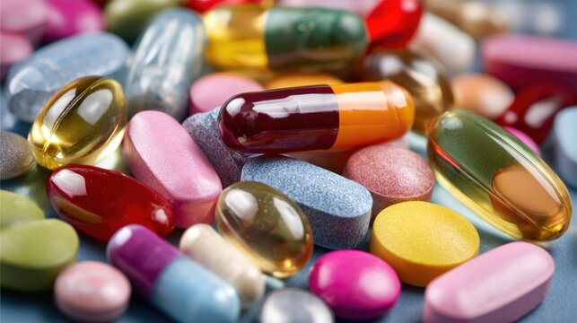 A colorful assortment of pills and capsules in various colors and shapes.