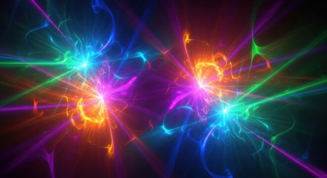 Abstract bright fractal explosion background vibrant neon spectral burst effect symmetrical glowing star shape visualization dynamic energy rays colorful illustration design texture
