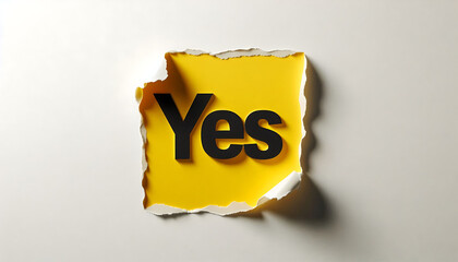 'Yes' Affirmation on Torn Yellow Paper: Bold Typography Sign of Positivity and Agreement