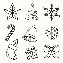 Fototapeta premium Clean Line Christmas Icons – Minimal Outline Holiday Vector Set with Tree, Candle, Bell, and Snowflake Symbols