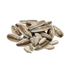 Pile of striped sunflower seeds on a white background.