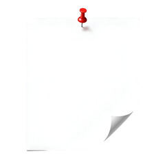 Red pushpin holding blank white paper with curled corner.