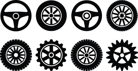 Set of Vector Black Car Steering Wheels and Tires Icons Isolated on White Background Automotive Indu