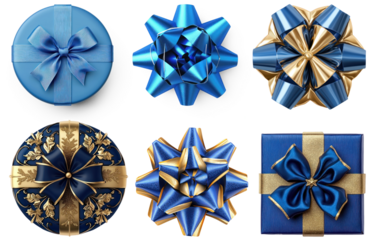 Collection of Top view of blue present and ribbon