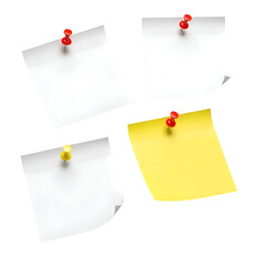 Set of blank paper notes pinned with red and yellow pushpins.