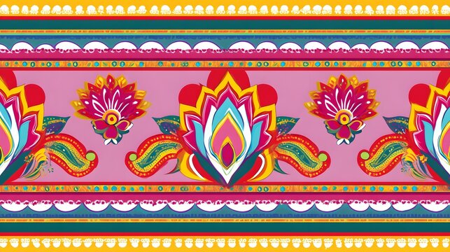 Vibrant Pakistani Indian Truck Art Seamless Pattern Festive Floral Textile Design Vector Illustration