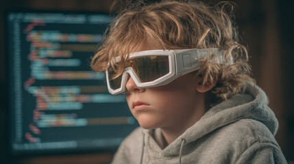 Boy wearing futuristic glasses, absorbed in coding on computer screen, indoor setting with soft lighting, focused expression and casual attire capturing the essence of technology.