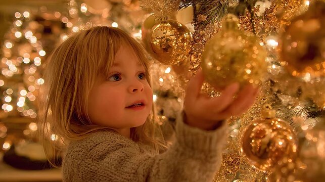 child decorating christmas tree with golden ornaments warm lighting - Powered by Adobe