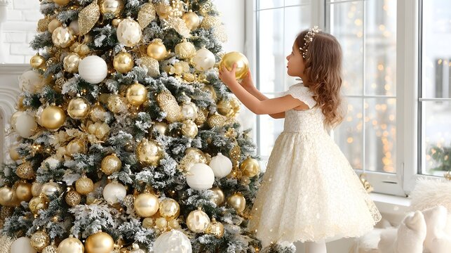 child decorating christmas tree with golden ornaments warm lighting