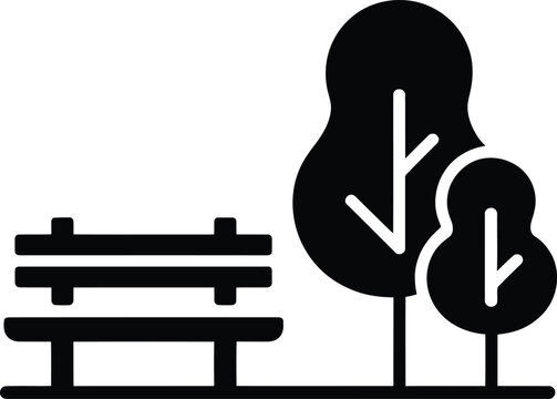 Simple black and white silhouette of a park bench with trees in the background