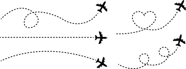 Airplane route with dotted flight path. Flying plane symbol with twisted, curved, straight and heart shape dashed trace path. Transparent png and vector illustration
