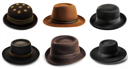 Six different hats, each with a unique design and color, arranged in a grid on a white background.