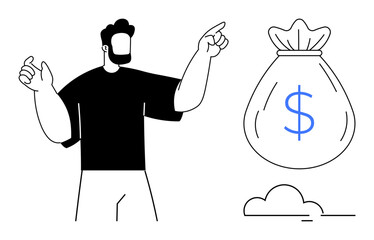 Man gestures toward large money bag with dollar sign next to a small cloud. Ideal for finance, investment, savings, economic growth, financial planning, opportunity, minimalistic design. Simple flat
