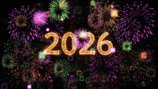 Happy New Year 2026 is welcomed by a vibrant and spectacular festive display of fireworks exploding in the night sky.