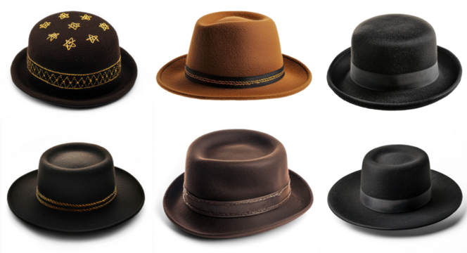 Six different hats, each with a unique design and color, arranged in a grid on a white background.