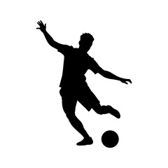 Dynamic silhouette of a soccer player kicking a ball in mid action on a white background