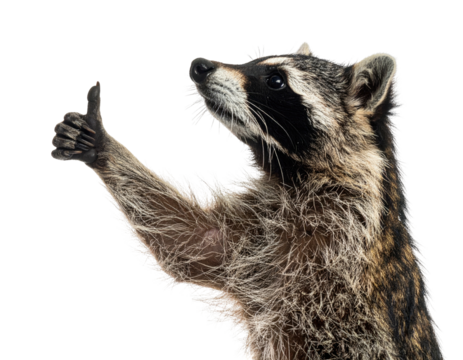 A raccoon, fully rendered, gives a thumbs up with a neutral background