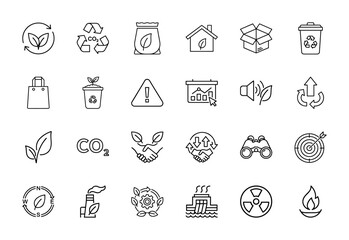 Fototapeta premium Ecology and environment line icon set. Vector pictograms of recycling, carbon footprint, green energy, waste management, and sustainable industry, thin linear illustration.