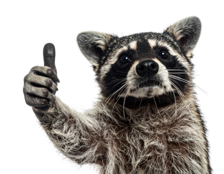 A raccoon, in a studio setting, with its thumb up in a gesture of approval or agreement