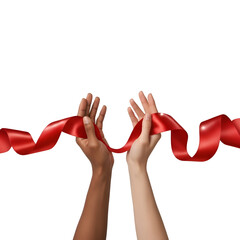 Two diverse hands with different skin tones holding a red ribbon.