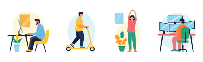 Diverse work habits employee working at a desk, riding a scooter, stretching, and using multiple monitors