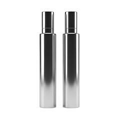 Two sleek silver spray bottles standing upright against a white background.
