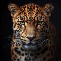 Obraz premium Close-up portrait of a majestic leopard with sharp green eyes and detailed fur, isolated on a dark background, showcasing power and elegance.
