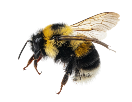 Close-up of a fuzzy, flying insect with yellow and black stripes, transparent wings