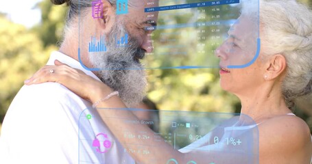 Couple embracing in sunlit garden while woman placing hands on partner launching finance charts - Powered by Adobe