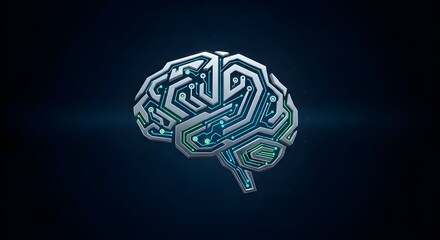 Futuristic digital brain circuitry with glowing blue lights on dark background