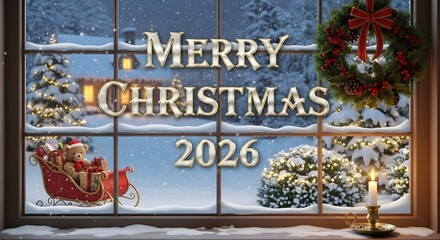 Cozy christmas window scene with merry christmas 2026 greeting and santa sleigh