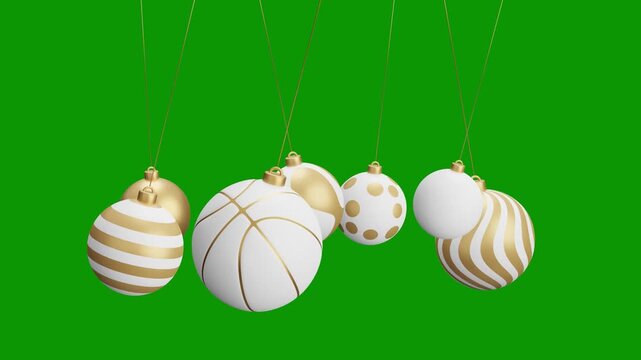 Basketball Christmas hanging ball video 4k animation. Green screen Merry Christmas greeting card. Hang on a thread xmas ornament ball golden bauble on green horizontal background