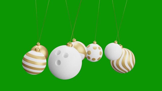 Bowling Christmas hanging ball video 4k animation. Green screen Merry Christmas greeting card. Hang on a thread xmas ornament ball golden bauble on green horizontal background