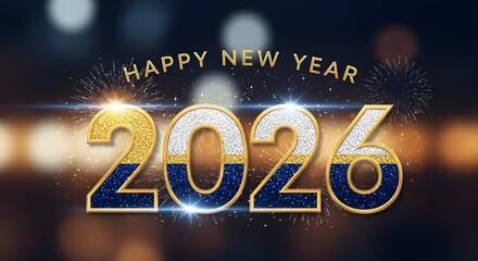 Sparkling golden and blue 2026 happy new year text with bokeh lights and glitter effect