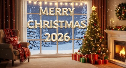 Cozy christmas eve living room with decorated tree fireplace and merry christmas 2026 balloons by snowy window