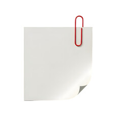 White square sticky note with a red paperclip attached to it.