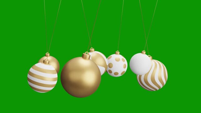 Christmas hanging ball video 4k animation. Green screen Merry Christmas greeting card. Hang on a thread xmas ornament ball golden bauble on green horizontal background