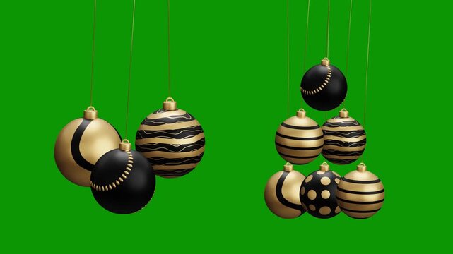 Baseball Christmas hanging ball video 4k animation. Green screen Merry Christmas greeting card. Hang on a thread xmas ornament ball golden bauble on green horizontal background