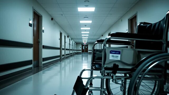 Hospital wheelchair in empty hallway.