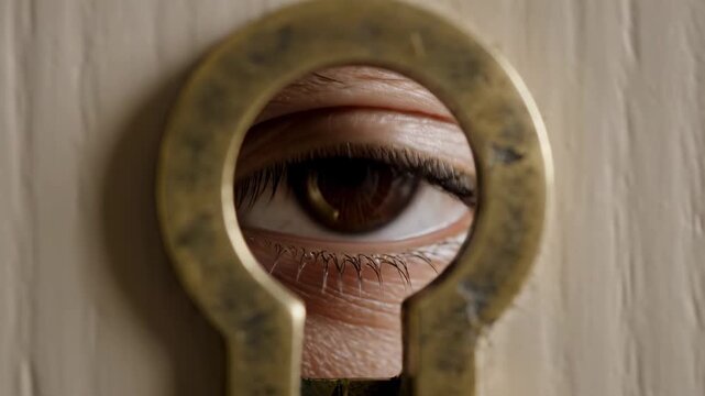 Extreme close up of a curious brown eye looking around and blinking while spying through an old fashioned keyhole, representing concepts of secrecy, curiosity, and surveillance