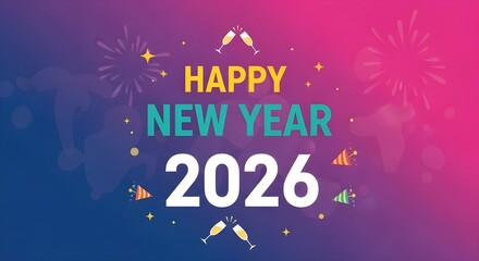 Happy new year 2026 celebration with fireworks and champagne glasses on a vibrant gradient background
